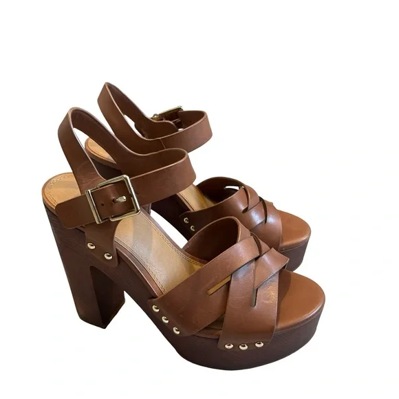 Gianni Bini Brown Leather Wood Platform Sandals, Sz 7 - Picture 6 of 13